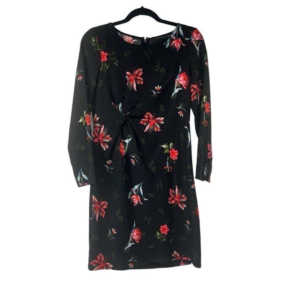 Ann Taylor Black Floral Knot Front‎ Long Sleeve Dress Sz 4 Women’s